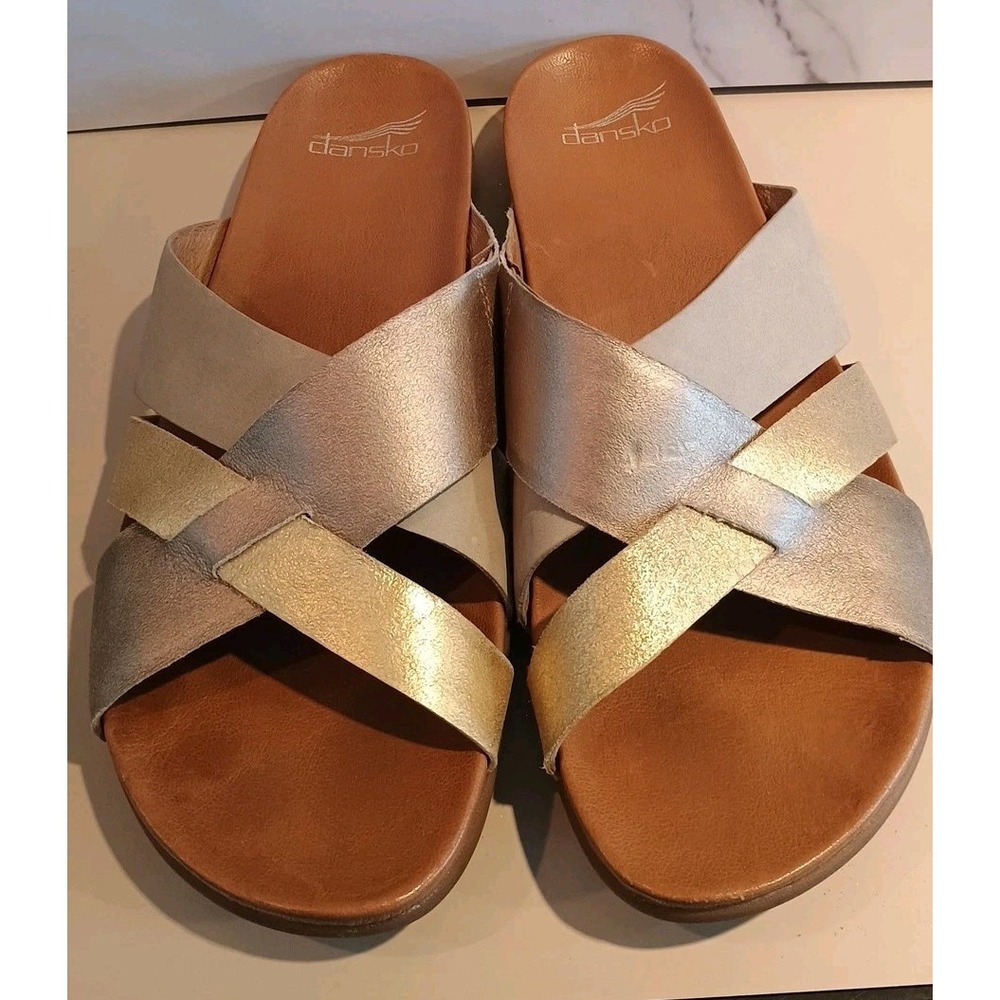 Dansko Women 41 US 10- 10.5‎ Joanna Strappy Slide Sandal Tan Metal Leather